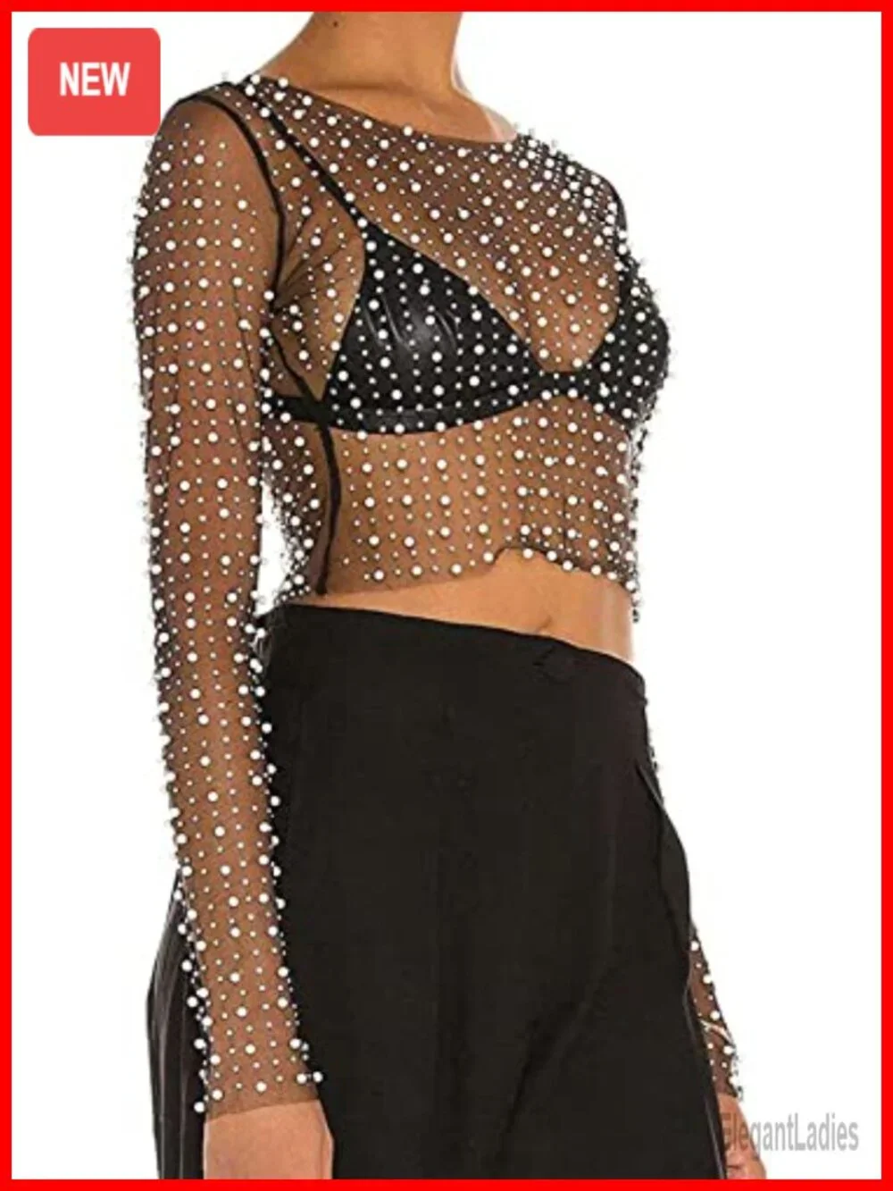 Pearl Rhinestone See Through Mesh Long Sleeve Crop Top Cover Up
